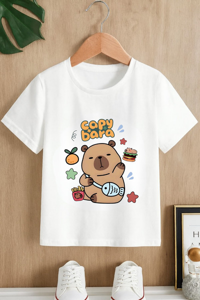 MECH BUTİK Μπλουζάκι με στάμπα Capybara, Unisex, μαύρο-λευκό, με κοντά μανίκια