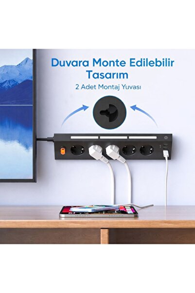 SMAYLİNG 5’li Köşe Priz 2 Metre Kablolu Gece Işıklı Akım Korumalı Masaüstü Çoklu Priz 3680W