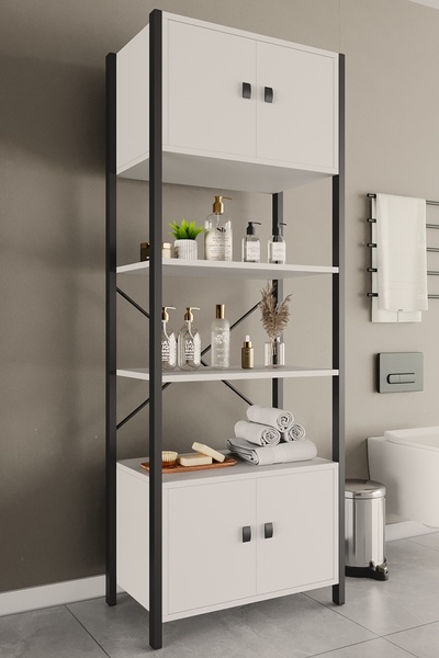 WOODENSA Çok Amaçlı İki Dolaplı İki Raflı Ünite (siyah profil beyaz sunta)