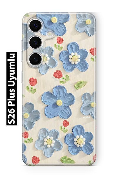 FLAMENKO Samsung Galaxy S26 Plus Uyumlu Mavi Yağlı Boya Çiçek Desenli Şeffaf ...