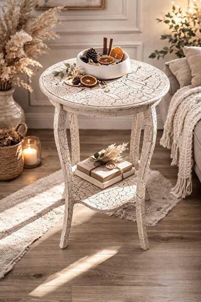 hobyes Handmade Çatlatma Efektli Alt Raflı Dekoratif yuvarlak Ahşap Yan Sehpa...