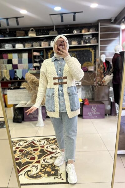 HUMEYRA Denim Detailed Belted Cardigan