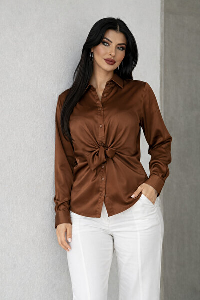 DİMA Γυναικείο σατέν πουκάμισο με μακριά μανίκια και λεπτομέρεια δεσίματος μπ...