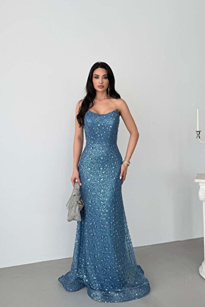 Serica Moda Μπλε βραδινό φόρεμα ψαράκι με παγιέτες και στράπλες