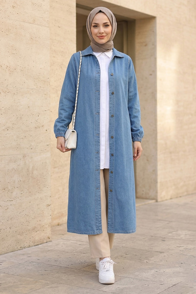 FERHEL Γυναικείο μακρύ τζιν παντελόνι με κουμπιά σε όλο το μήκος - Μπλε