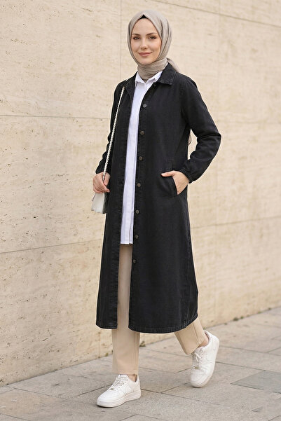 FERHEL Γυναικείο μακρύ τζιν μπουφάν με κουμπιά σε όλο το μήκος - Μαύρο