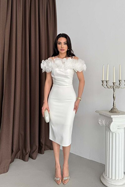 Serica Moda Ecru Collared Midi Evening Dress with Rose Detail on the Strap