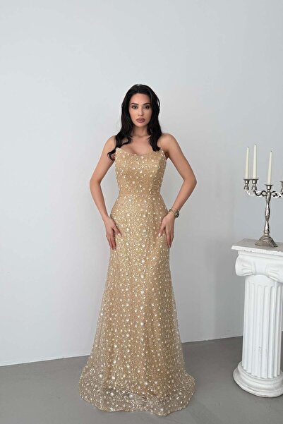 Serica Moda Μπεζ βραδινό φόρεμα ψαράκι με παγιέτες και στράπλες