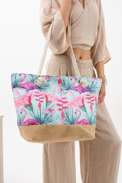 Çanta Trend Μεγάλη χαλαρή τσάντα παραλίας με ψάθινη λεπτομέρεια και σχέδια