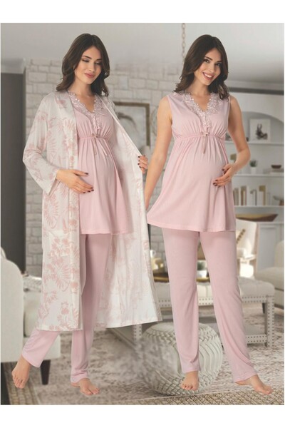 Lohusa Homewear Νέα σεζόν Ροζ Καλοκαιρινό Σετ Πιτζάμες Εγκυμοσύνης με Δαντέλα...