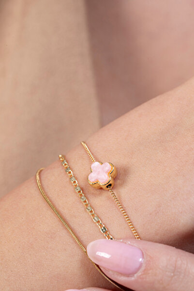 Elika Silver Women's Pink Flower Model Multi-Chain Bracelet