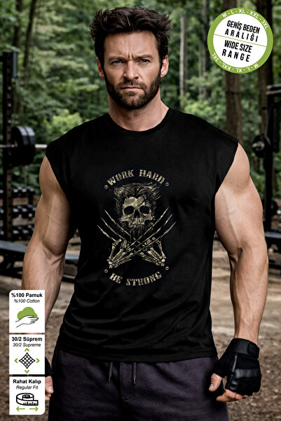 BESSA Black Sportsman's Tank Top Work Hard Camo Printed Crew Neck Premium Thi...