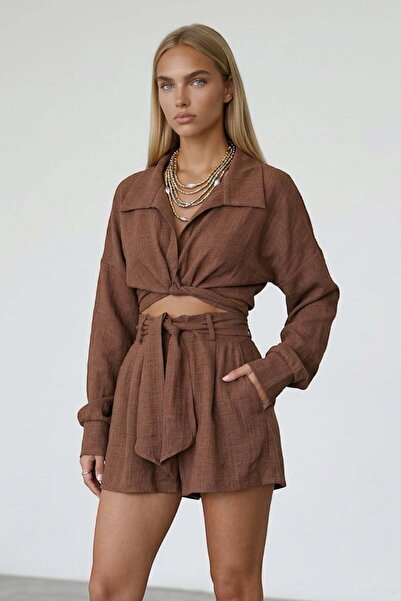 Trend Alaçatı Stili Brown Shirt Collar Tie Detail Woven Double-Breasted Blous...