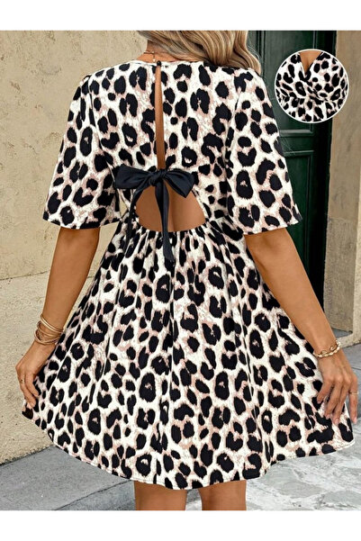 Wear Up Γυναικείο κοντομάνικο φόρεμα με διπλό γιακά και λεοπάρ σχέδιο, μίνι α...