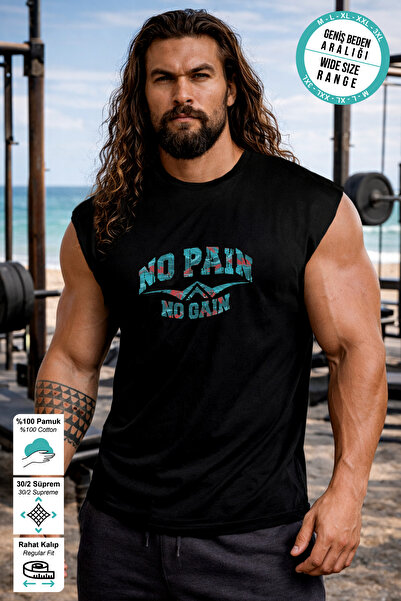 BESSA Black Sportsman's Tank Top No Pain No Gain Printed Crew Neck Premium Th...