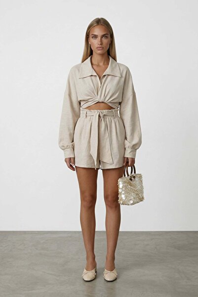 Trend Alaçatı Stili Vanilla Shirt Collar Tie Detail Woven Double-Breasted Blo...