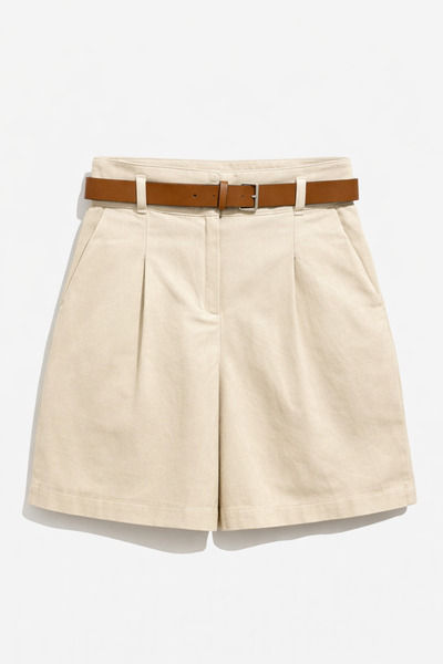 Mixray 40222 Γυναικείο ψηλόμεσο δερμάτινο πλισέ σορτς με ζώνη Natural