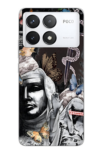 FLAMENKO Poco F6 Pro Uyumlu Gotik Kelebek Desenli Şeffaf Telefon Kılıfı