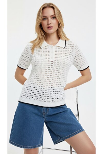 Arbucky Kadın Polo Yaka Ajurlu Triko Bluz