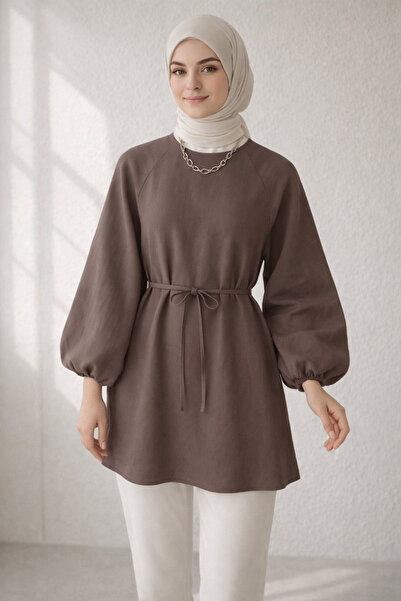 Kirazgym Γυναικεία μακρυμάνικη μπλούζα τουνίκ με κορδόνια στη μέση - Ανοιχτό ...