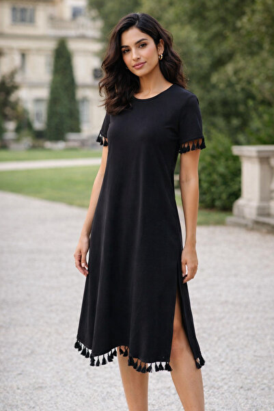 AQE FASHION Γυναικείο φόρεμα με κοντό μανίκι, φούντες και σκίσιμο, μοντέρνο, ...