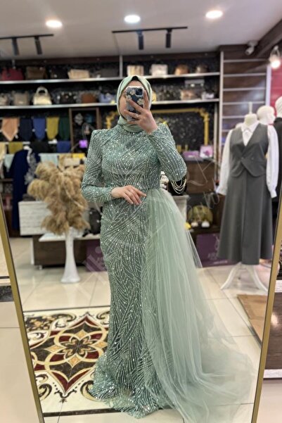 HUMEYRA Stone Detailed Evening Dress with Tulle Front Detail