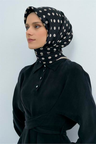 Armine Μεταξωτό φουλάρι από τουίλ, μαύρο, κρεμ, βιζόν με πουά