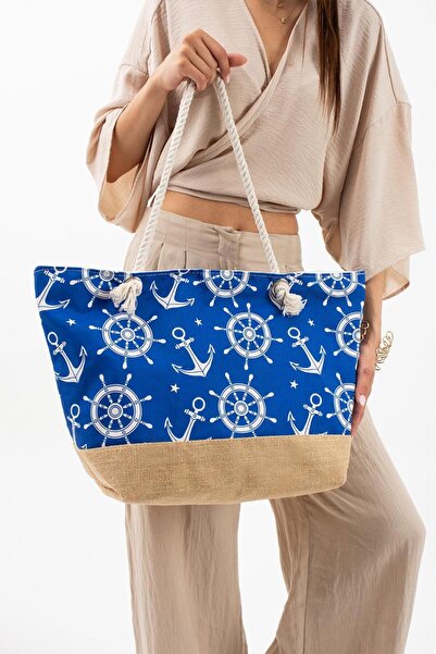 Çanta Trend Μεγάλη χαλαρή τσάντα παραλίας με ψάθινη λεπτομέρεια και σχέδια