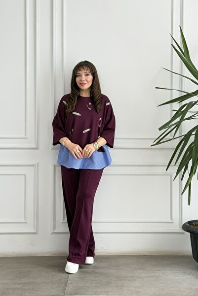 yb yağmur butik Short Sleeve Suit with Pearl Stone Embroidery on the Front