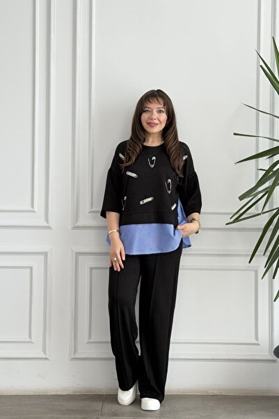 yb yağmur butik Short Sleeve Suit with Pearl Stone Embroidery on the Front