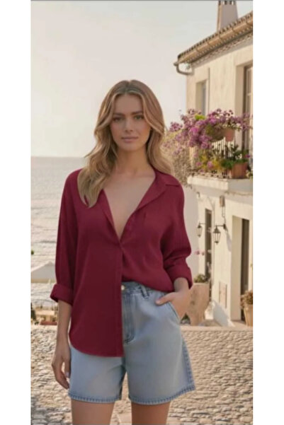 blackbonds Kadın Bordo Oversize Pamuklu Rahat Tek Cepli Keten Gömlek – Yeni Y...