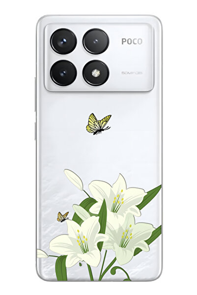 FLAMENKO Poco F6 Pro Uyumlu Beyaz Zambak Desenli Şeffaf Telefon Kılıfı
