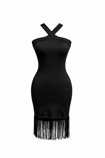 Mixray 2077 Дамска черна мини рокля по тялото с кръстосани презрамки и детайл...