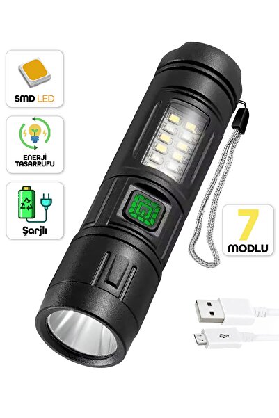 Telvesse 7 MOD Şarjlı El Feneri Zoomlu Type-C COB LED Lamba Acil Durum Işığı ...