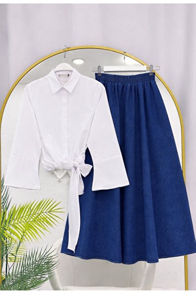 MODA VEDAT Γυναικείο Σετ Φούστας Τζιν με Δέσιμο στη Μέση -0670