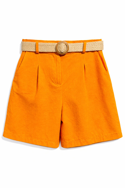 Mixray 4022 Γυναικείο ψηλόμεσο σορτς με ψάθινη ζώνη και πιέτες, πορτοκαλί