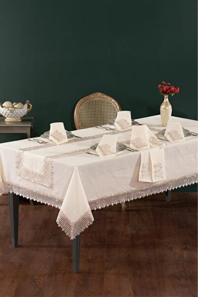 Çeyiz Diyarı Valeria Linen A.Servisli Tablecloth Set 14 Pieces Ecru