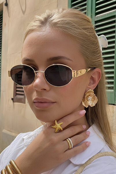 Chunky Frame Calenn Women's Ellipse Gold Framed Black Ultra Light Uv400 Filte...