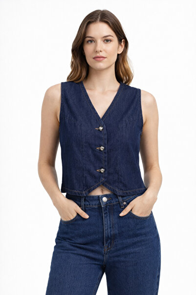 xlove Koyu Mavi Denim Yelek Kadın Düğme Detaylı Modern Kesim Şık Jean Yelek
