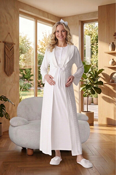 Lohusa Homewear Νέα σεζόν Εκρού Καλοκαιρινό Σετ Νυχτικό Εγκυμοσύνης με Γιακά ...