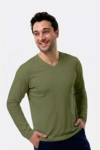 UNIQVIBE 100% Organic Cotton Khaki V-Neck Men's Long Sleeve T-Shirt