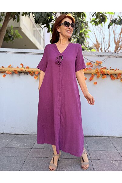 DenizEge Linen Textured Buckle Cotton Dress Purple