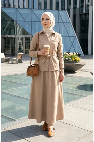 sefamerve Λινό Υφασμάτινο Σετ Φούστα-Σακάκι 0256-04 Βιζόν