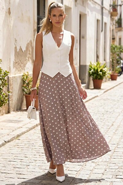 Madmext Μπεζ πουά μάξι γυναικεία σατέν φούστα MG2725