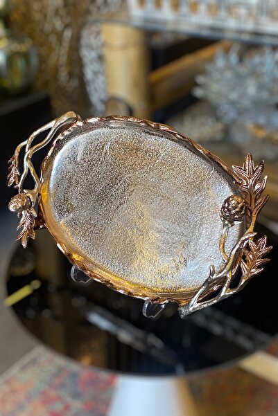 LEMİ DEKORASYON Helen Yaprak Detaylı Gümüş Döküm Dekoratif Tepsi 39 x 21 Cm