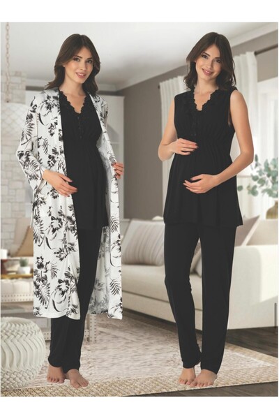 Lohusa Homewear Νέα σεζόν Μαύρο Σετ Πιτζάμες Εγκυμοσύνης και Μητρότητας με Κε...