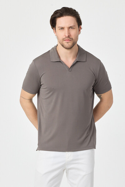 Frappoli Vita Men's Gray Modal Fabric Slim Fit Flexible Polo Collar T-Shirt
