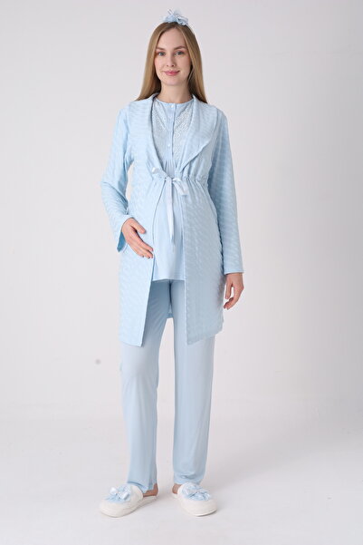 ERDENİZ TEKSTİL Set of 3: Cotton Maternity & Pregnancy Pajama Set with Lace Robe