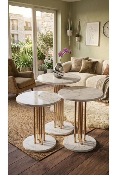 Zigon 3'LÜ YUVARLAK MODERN SEHPA ( ALTAY ) GOLD - CARRARA MERMER DESEN