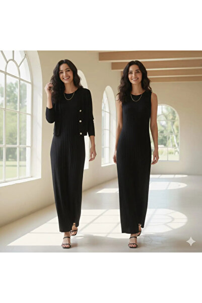 Kinzi Γυναικείο Πλεκτό Σετ Φόρεμα & Ζακέτα, Ενιαίο Μέγεθος, Μαύρο